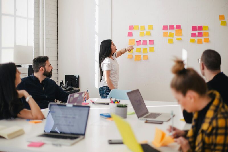 Team mapping out a client acquisition strategy on a planning board
